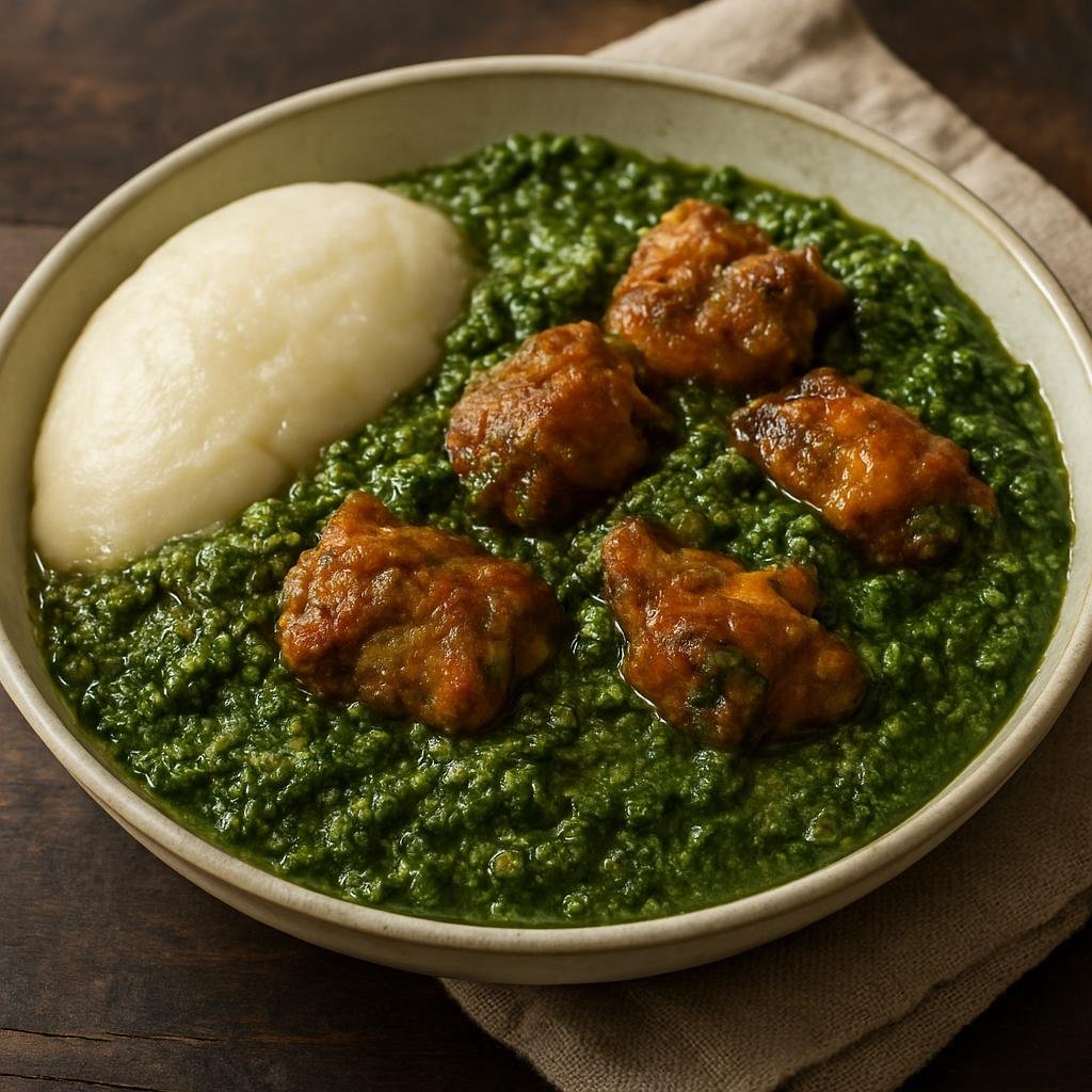 Entree: Democratic Republic of the Congo – Central Culinary Region – Fumbwa (Stewed wild greens with peanut and smoked fish) recipe