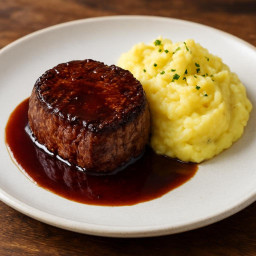 Entree: France – Pan-Seared Filet Mignon with Red Wine Reduction and Yukon Gold Mashed Potatoes (Pan-seared beef tenderloin with red wine sauce and mashed potatoes) recipe