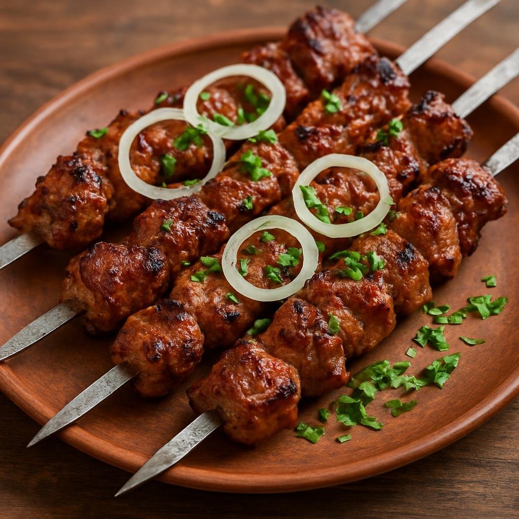Entree: Kyrgyzstan – National Cuisine – Шашлык ➤ Shashlyk (Skewered, marinated chunks of meat grilled over an open flame, a classic Central Asian kebab) recipe