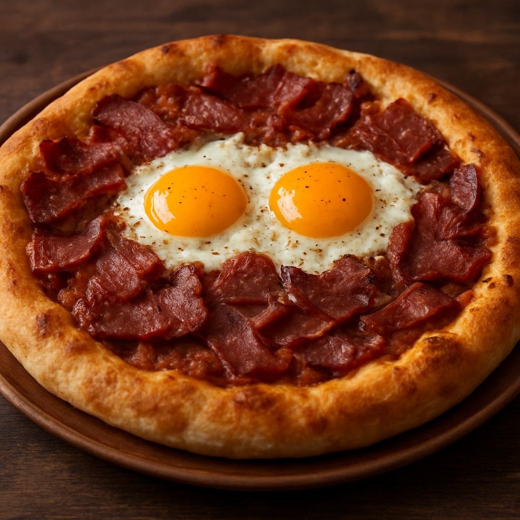 Entree: North Macedonia – National Cuisine – Пастрмајлија ➤ Pastrmajlija (Macedonian oven-baked flatbread topped with seasoned cured meat and eggs) recipe