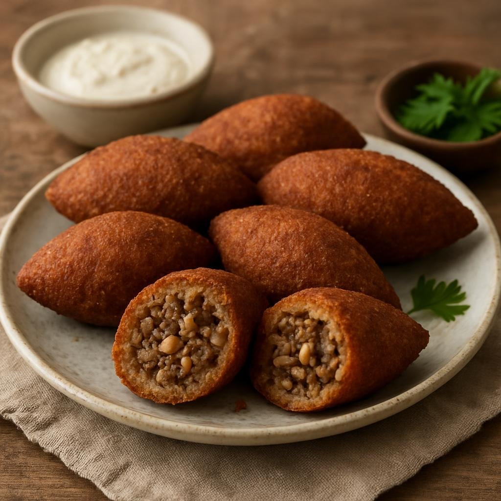 Entree: Palestine – National Cuisine – كبة ➤ Kibbeh (Fried bulgur-and-meat croquettes stuffed with spiced ground lamb and pine nuts) recipe