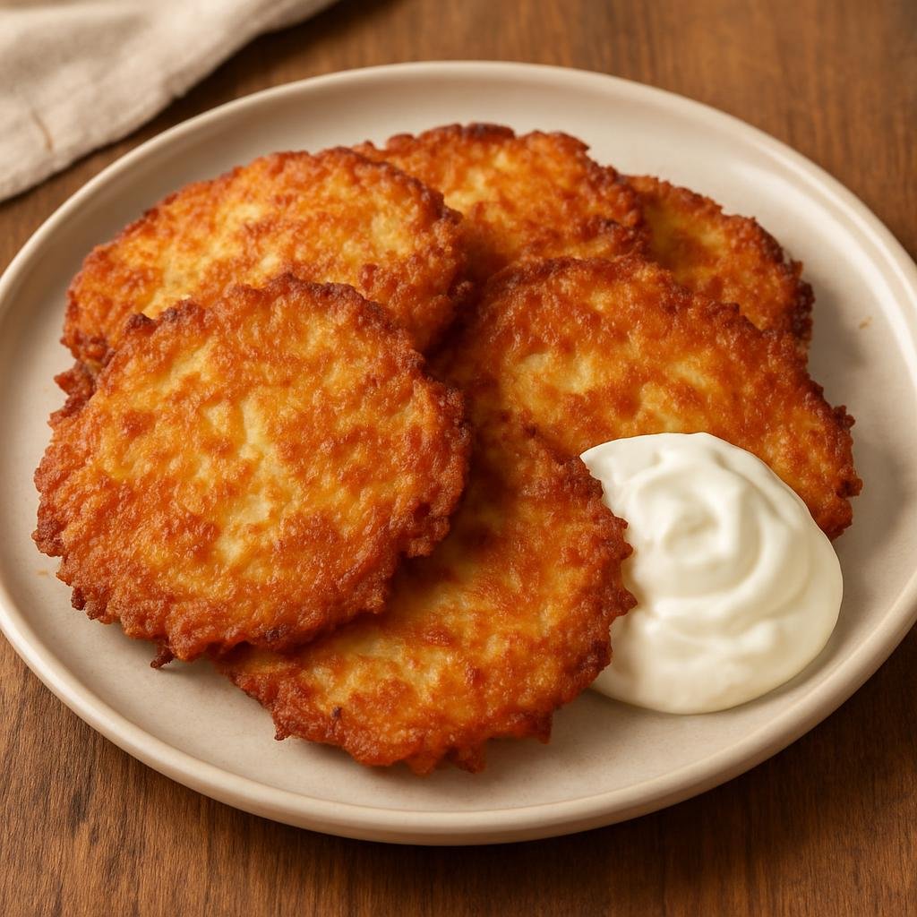 Entree: Slovakia – National Cuisine – Zemiakové Placky (Crisp fried potato pancakes made from grated potatoes and onion, served hot with sour cream) recipe