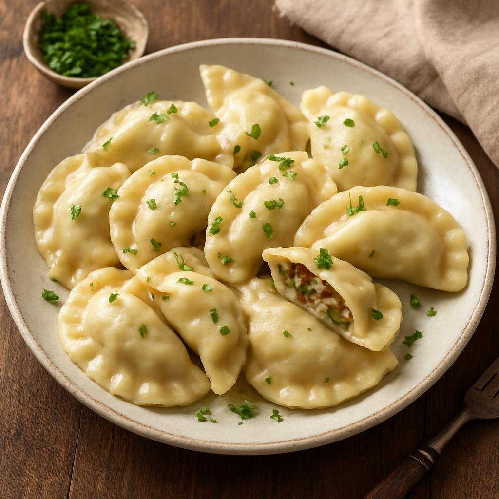 Entree: Slovenia – National Cuisine – Idrijski Žlikrofi (Small boiled filled dumplings from Idrija with a herbed potato and cured pork filling) recipe