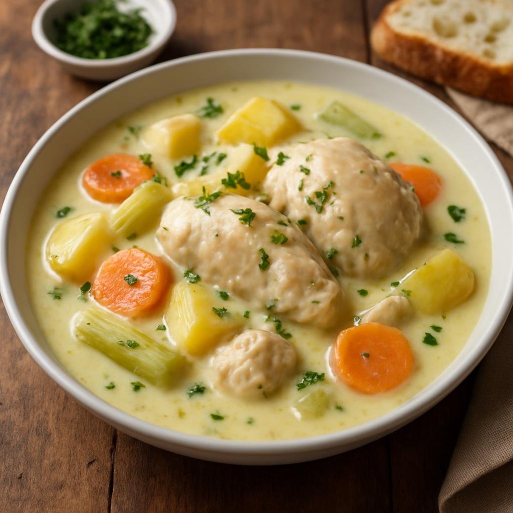 Entree: Belgium – Central Culinary Region – Waterzooi (A creamy Flemish stew of chicken poached with vegetables and thickened with an egg-and-cream liaison) recipe
