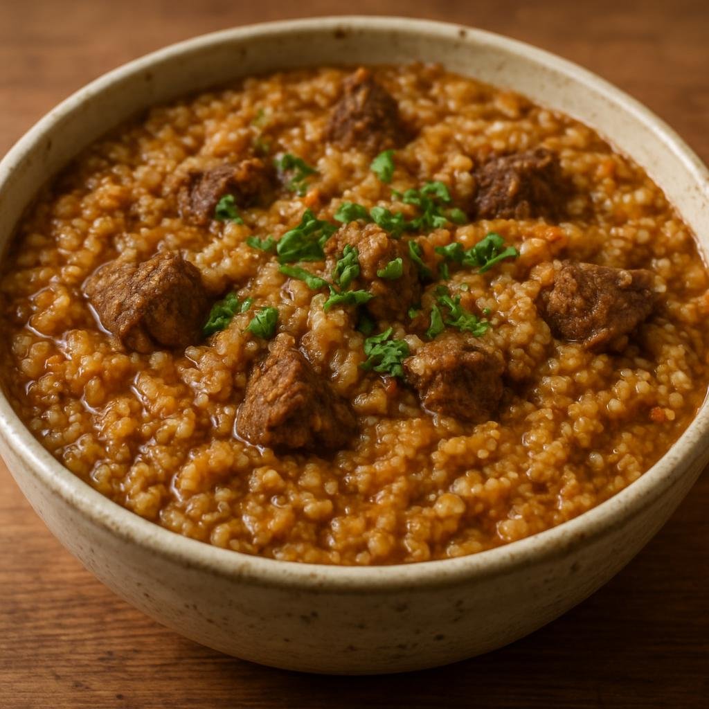Entree: Bahrain – جريش ➤ jarīsh (Crushed wheat simmered with meat and spices into a thick, savory porridge-like dish) recipe