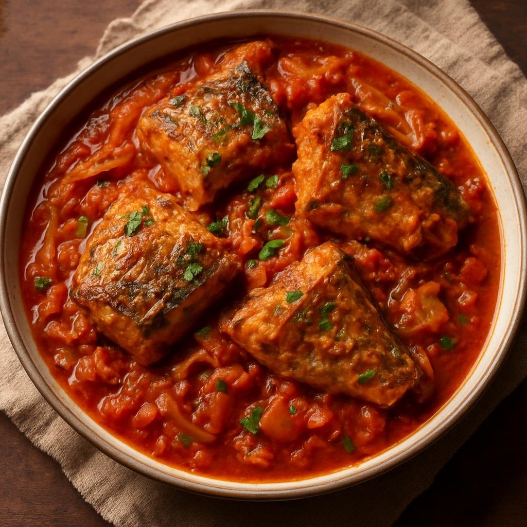 Entree: Comoros – Central Culinary Region – Rougaille de Poisson (Fish stewed in a spicy aromatic tomato and onion sauce) recipe