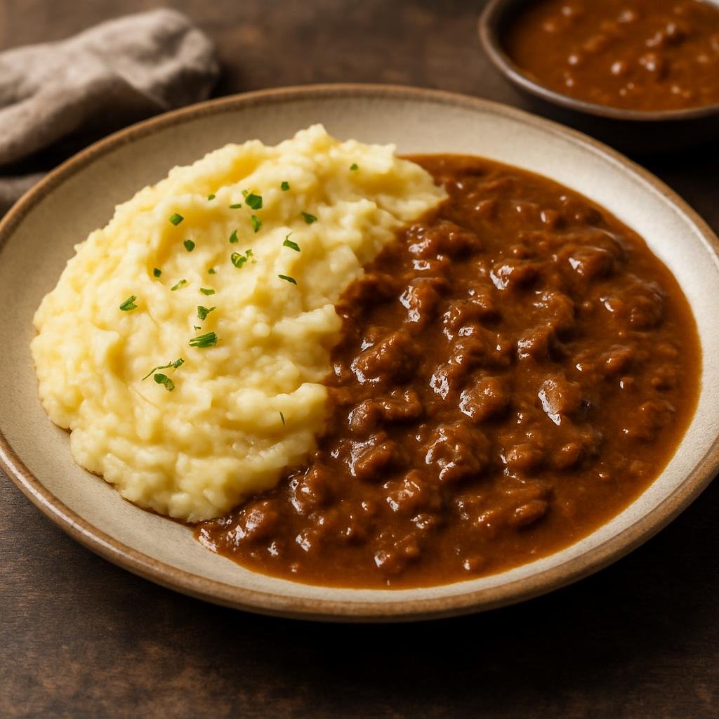 Entree: Estonia – Central Culinary Region – Kartulipuder ja Kaste (Creamy mashed potatoes served with a savory brown meat or onion sauce) recipe
