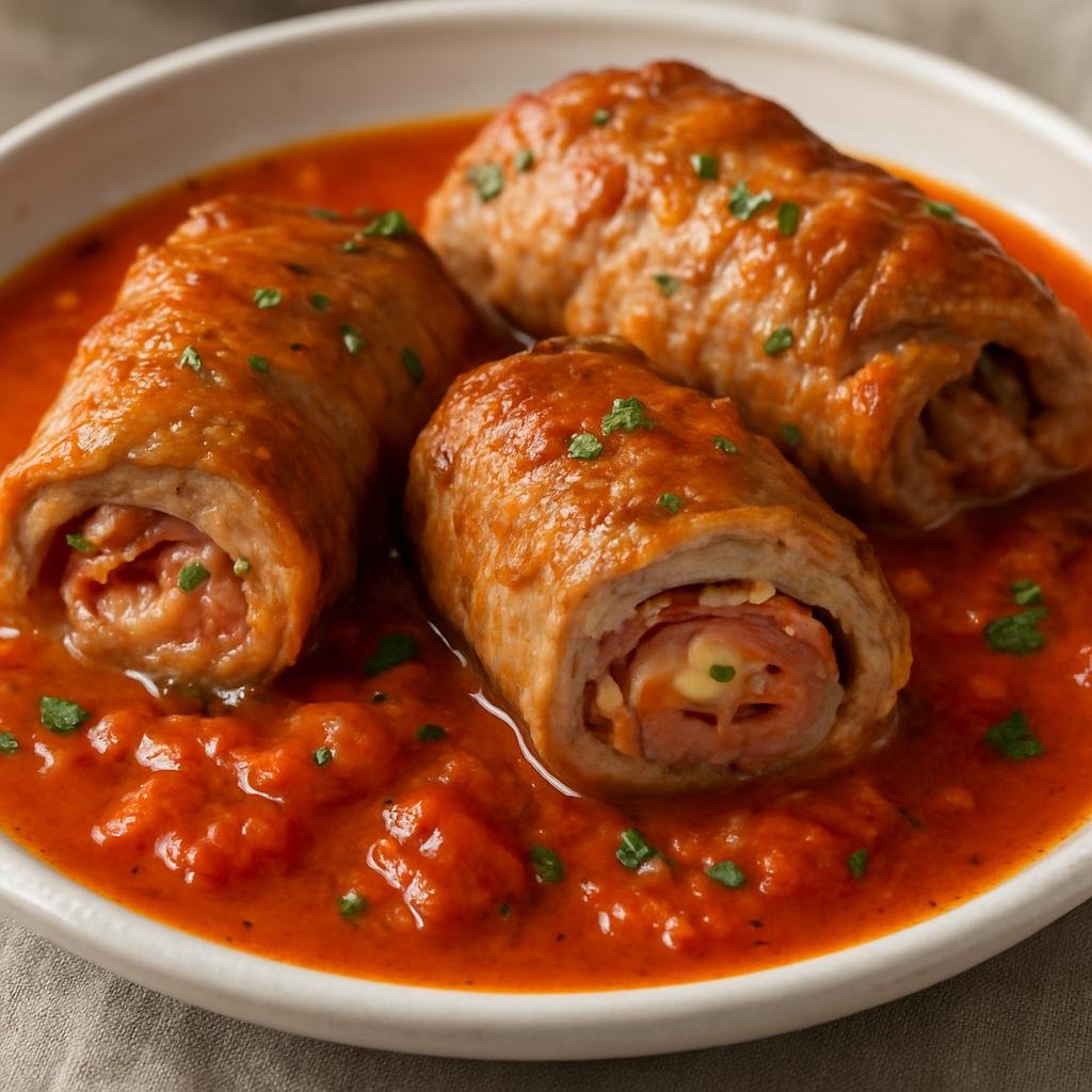 Entree: Holy See (Vatican City State) – Involtini di Vitello (Thin veal rolls stuffed with cured ham, cheese, and herbs, braised in a light wine and tomato sauce) recipe