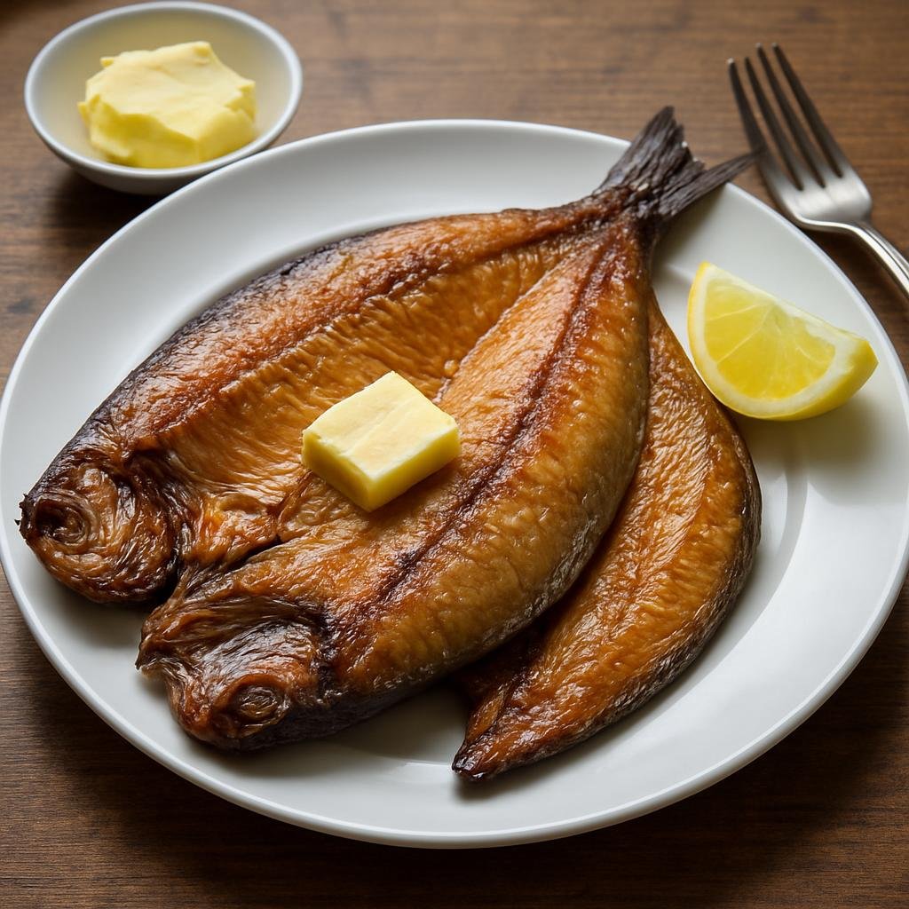 Entree: Isle of Man – Manx Kippers (Split, salted, and cold-smoked whole herring traditionally served hot with butter and lemon) recipe