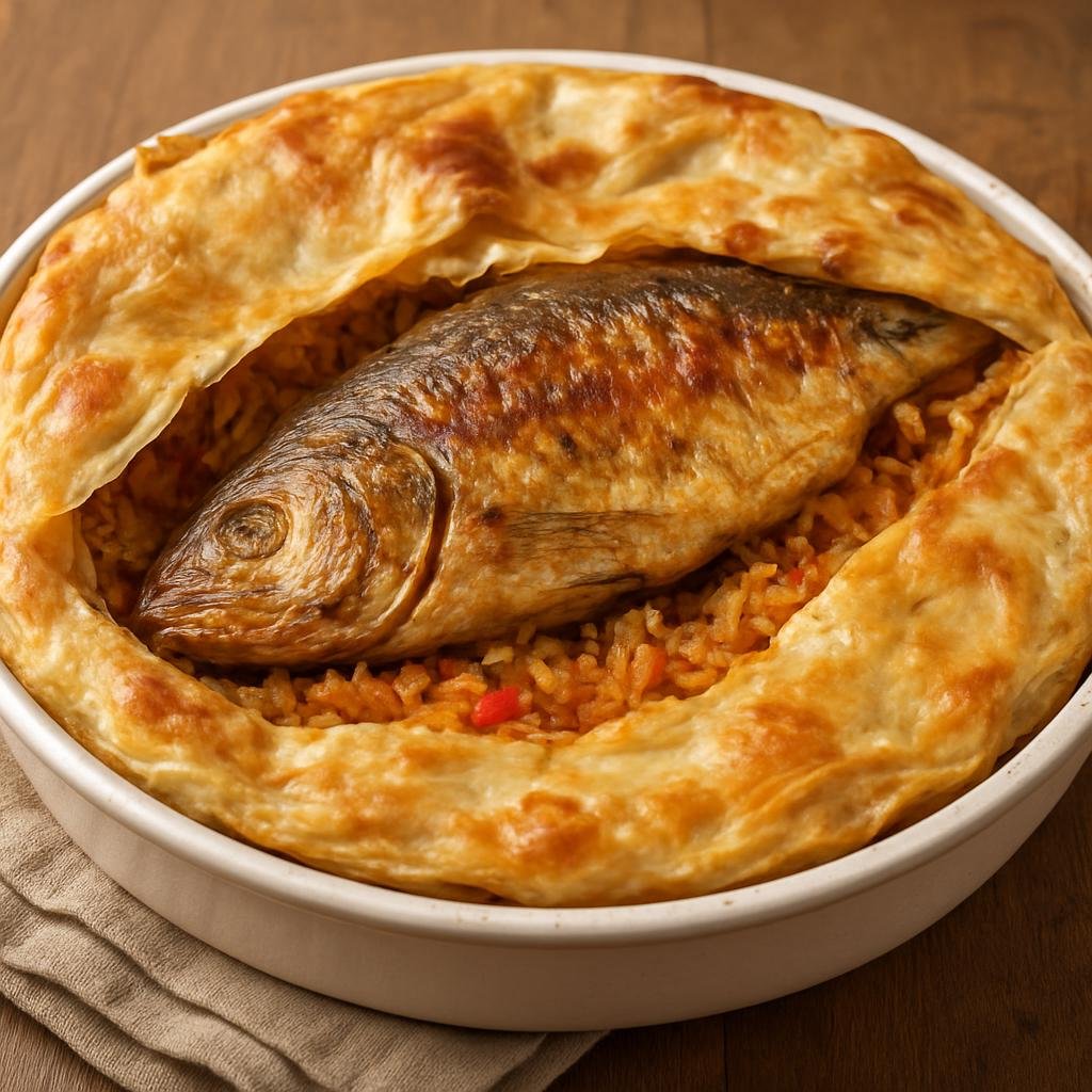Entree: Kuwait – مطبق سمك ➤ Mutabbaq Samak (Baked layered spiced rice with whole or large pieces of fish, often enclosed or topped with thin dough) recipe