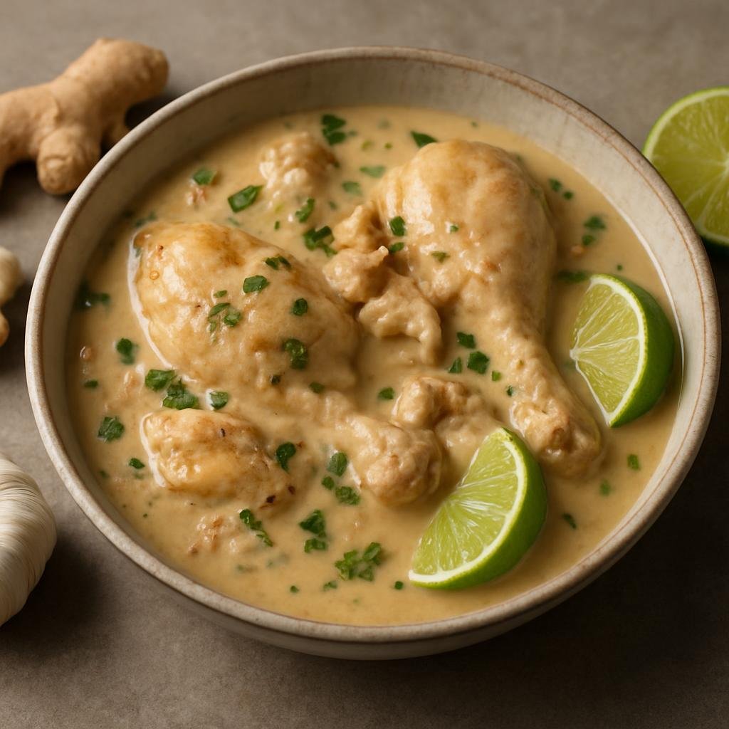 Entree: Mayotte – Poulet coco (Creamy coconut chicken stew flavored with garlic, ginger, and lime) recipe