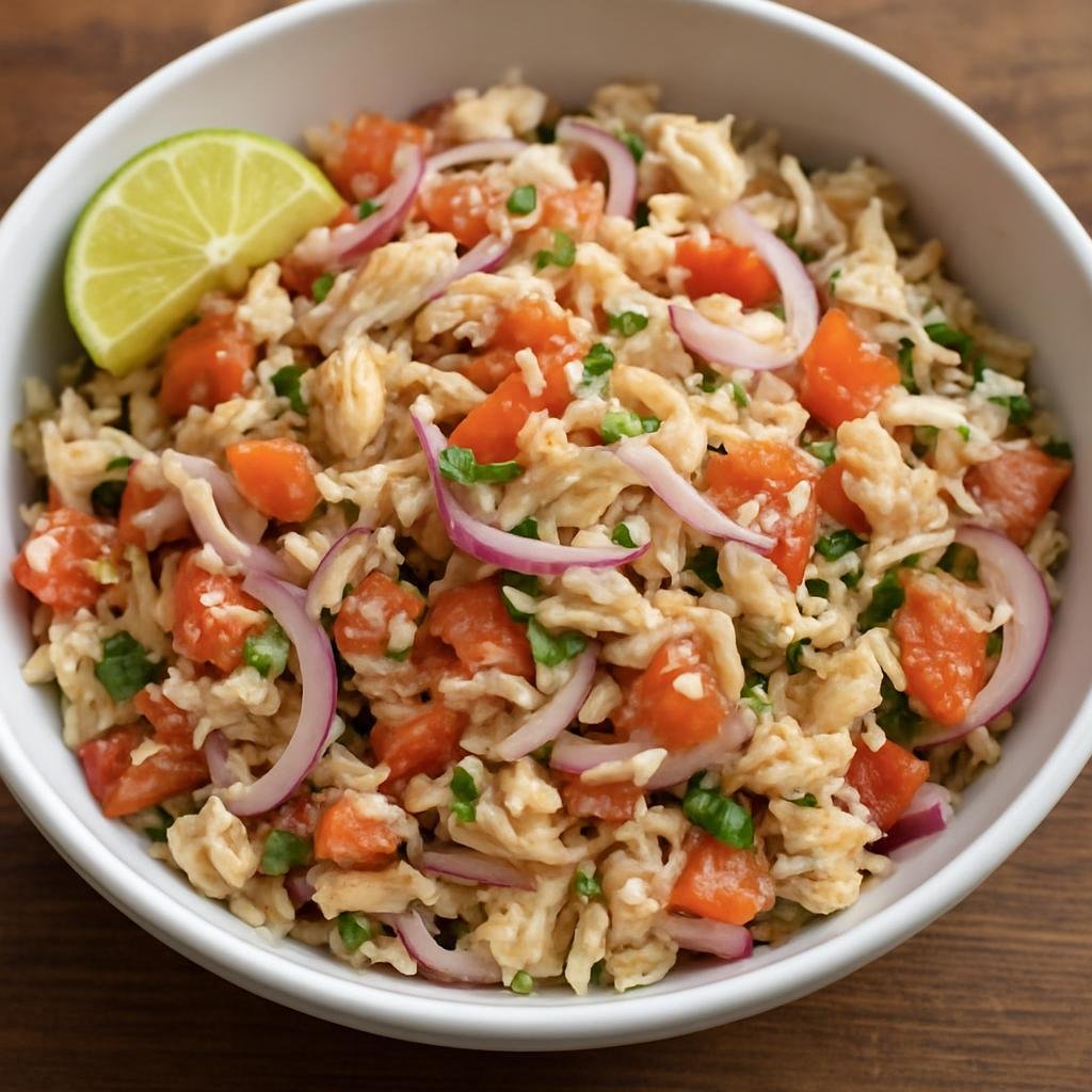 Entree: Seychelles – Smoked Fish Salad (Seychellois salad of flaked smoked fish tossed with tomatoes, onion, coconut and lime dressing) recipe