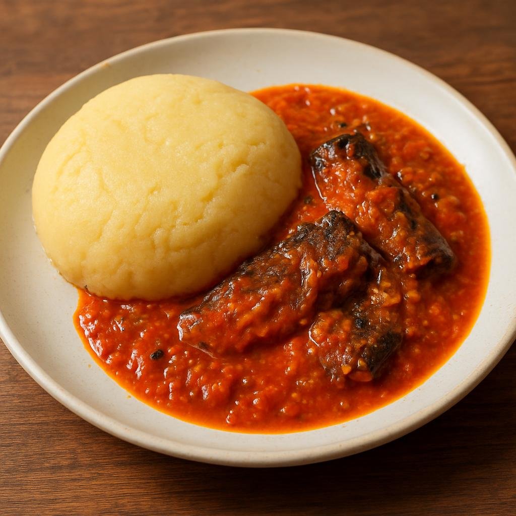 Entree: Togo – Akume with Ademe Sauce (Firm boiled cornmeal dough served with a spiced palm-oil tomato and smoked-fish sauce) recipe