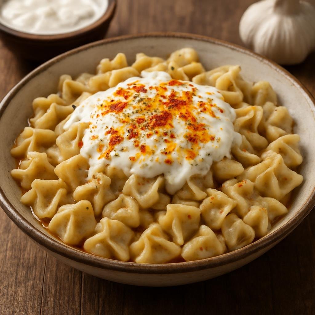 Entree: Türkiye – Manti (Small Turkish spiced meat dumplings served with garlicky yogurt and melted butter) recipe