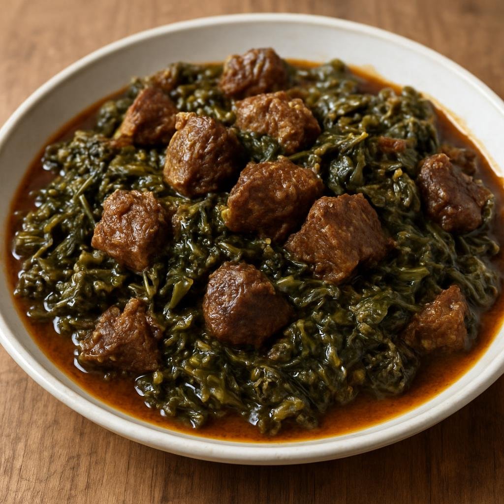 Entree: Ethiopia – Addis Ababa – ጎመን በስጋ ➤ Gomen Besiga (Braised beef stewed with spiced collard greens cooked in seasoned clarified butter) recipe