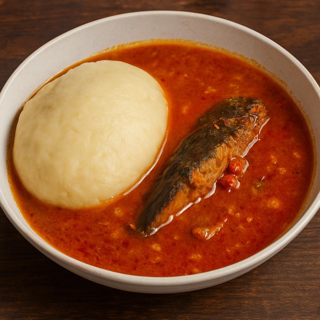 Entree: Ghana – Accra & Coastal Ghana – Fufu with Light Soup (Pounded cassava and plantain dough served with a thin, spicy tomato-based fish soup) recipe