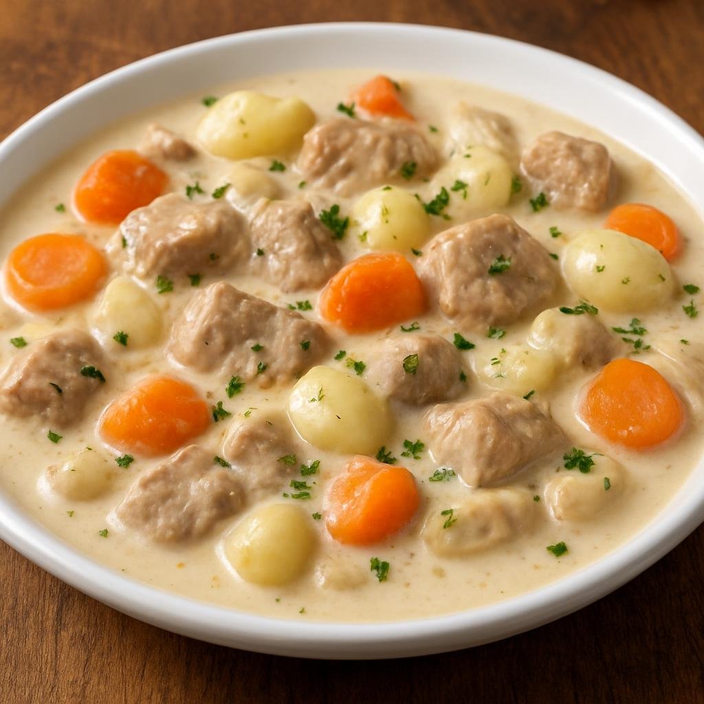Entree: French Southern Territories – Central Culinary Region – Blanquette de Veau (Creamy white veal stew simmered in a light velouté with vegetables and a cream-egg liaison) recipe