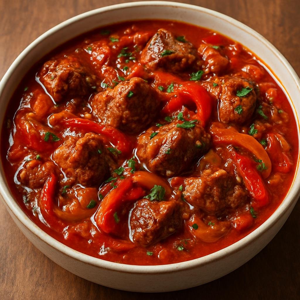 Entree: Sierra Leone – National Cuisine – Krio Stew (Tomato-based Creole meat stew with chicken or beef, peppers, onions, and aromatic seasonings.) recipe