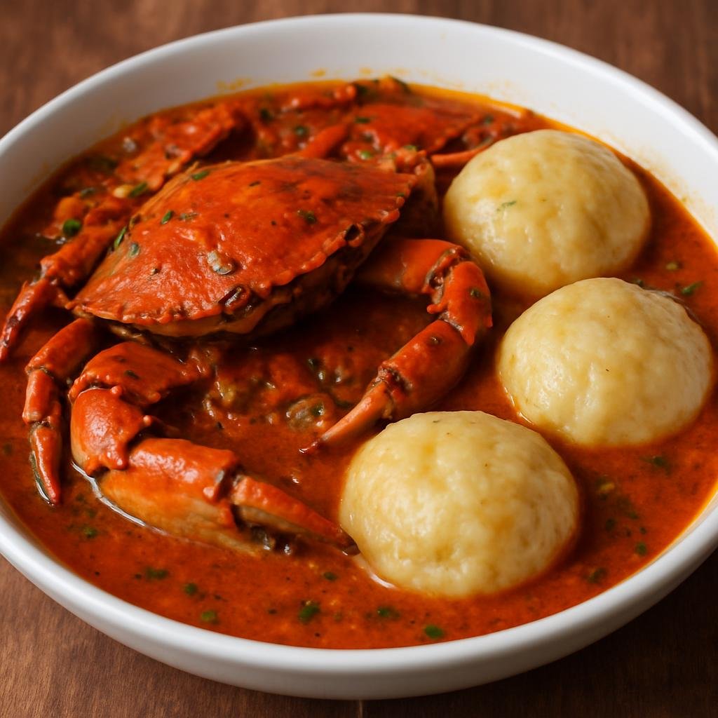 Entree: Trinidad and Tobago – National Cuisine – Crab and Dumplings (Stewed Caribbean blue crab in a seasoned tomato-coconut broth served with boiled flour dumplings) recipe