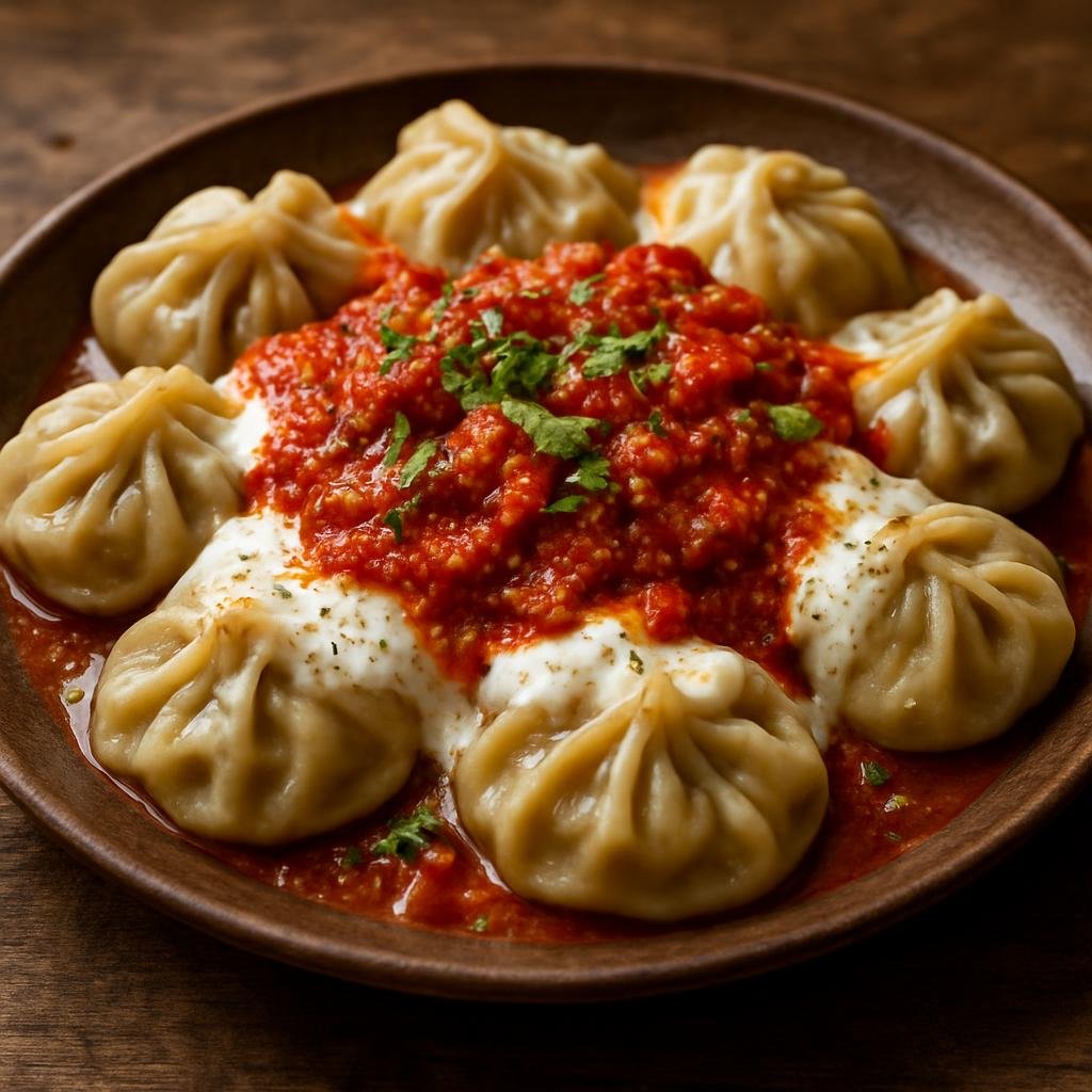 Entree: Afghanistan – Herat & Western Afghanistan – منتو ➤ Mantu (Steamed Afghan meat dumplings dressed with garlicky yogurt and spiced tomato-onion sauce) recipe