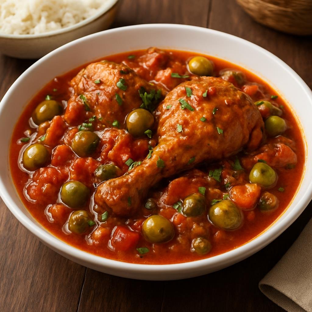 Entree: Cuba – Central Culinary Region – Fricase de Pollo (Chicken braised in a tangy tomato-wine sauce with vegetables, olives, and capers) recipe