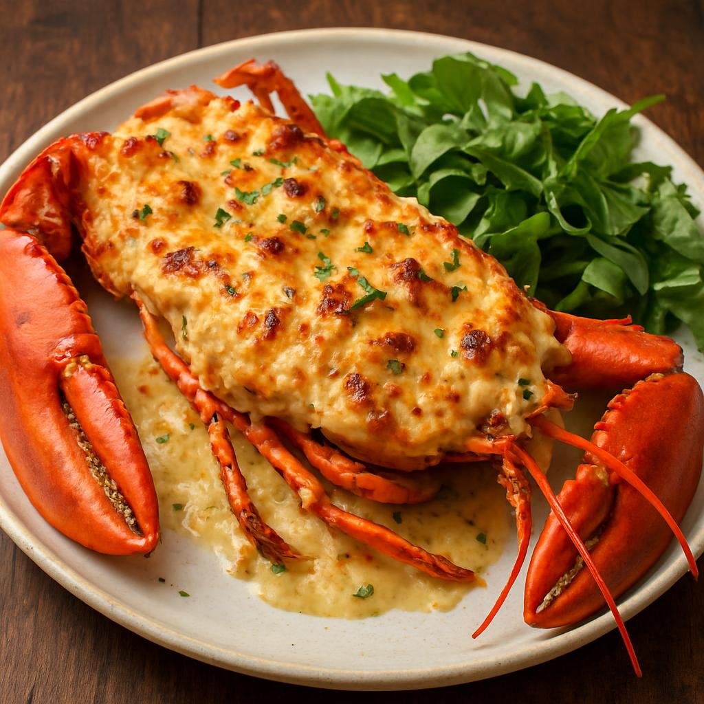 Entree: Guernsey – Guernsey Lobster Thermidor (Classic baked lobster in a creamy mustard-cognac sauce, gratinéed with cheese) recipe