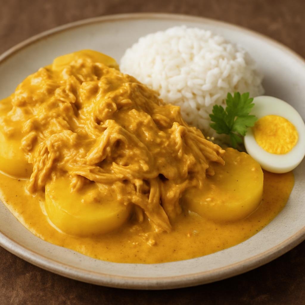 Entree: Peru – Andean Highlands – Aji de Gallina (Shredded poached chicken in a creamy, mildly spicy aji amarillo and walnut sauce served over potatoes with rice) recipe