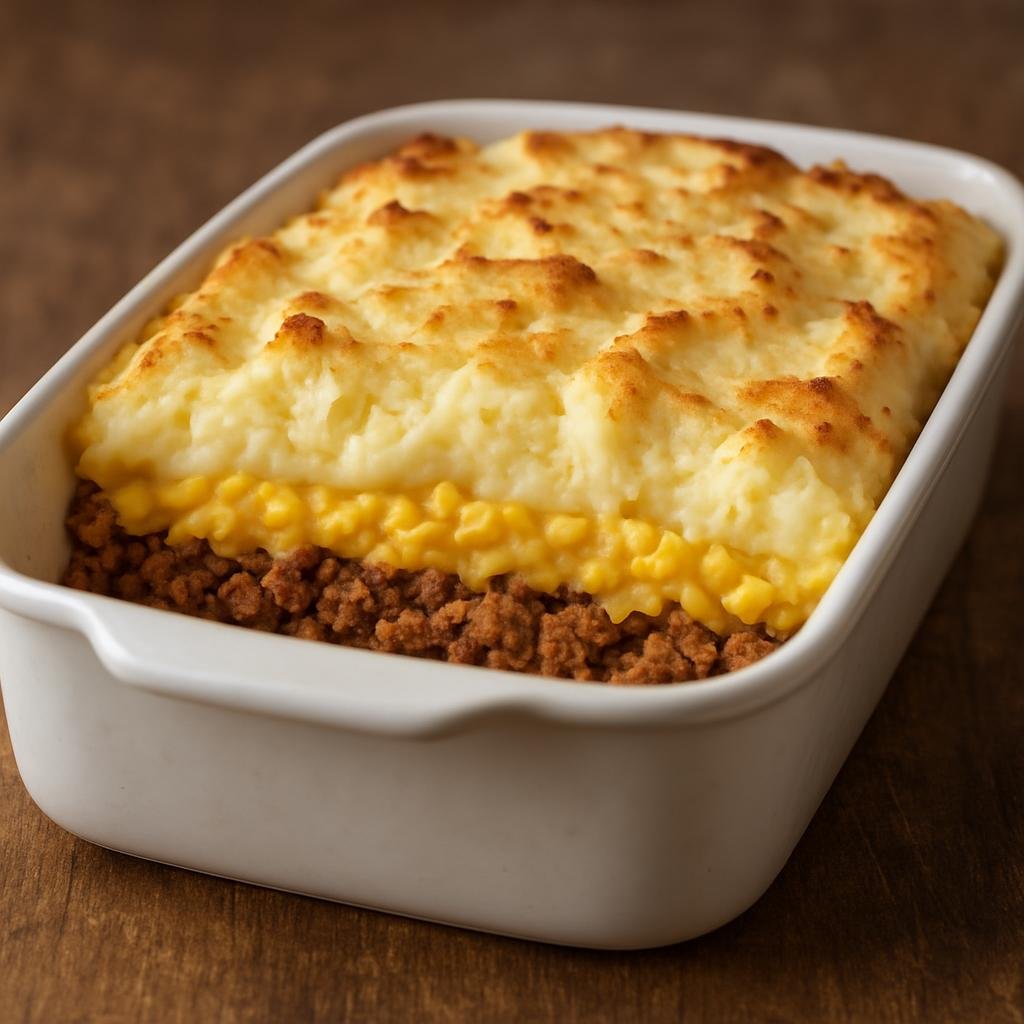 Entree: Saint Pierre and Miquelon – Pâté Chinois (Layered casserole of seasoned ground beef, creamed corn, and mashed potatoes) recipe