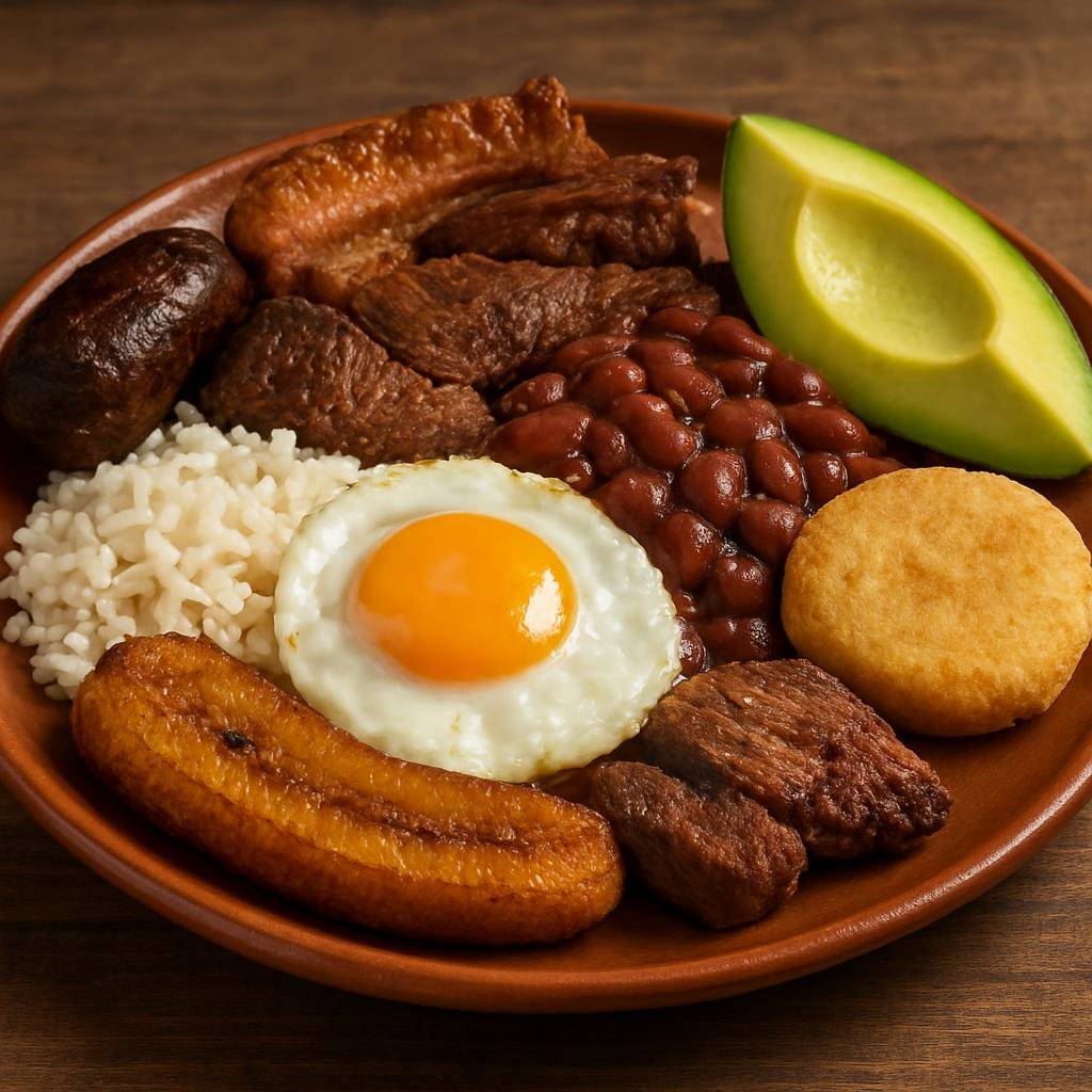 Entree: Colombia – Bogota / Andean – Bandeja Paisa (A generous traditional Colombian platter of beans, rice, various fried and grilled pork and beef preparations, fried egg, plantain, arepa, and avocado) recipe