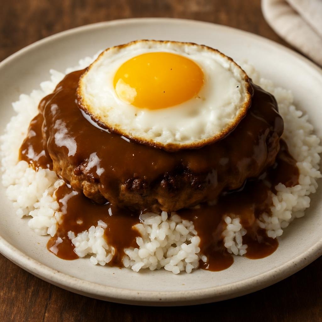 Entree: United States Minor Outlying Islands – Hawaiian Loco Moco (A hearty Hawaiian plate of white rice topped with seasoned hamburger patties, fried eggs, and savory brown gravy) recipe