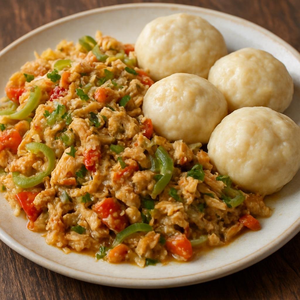 Entree: Virgin Islands, British – Saltfish and Dumplings (Salted cod stewed with aromatic vegetables and herbs, served with boiled flour dumplings) recipe