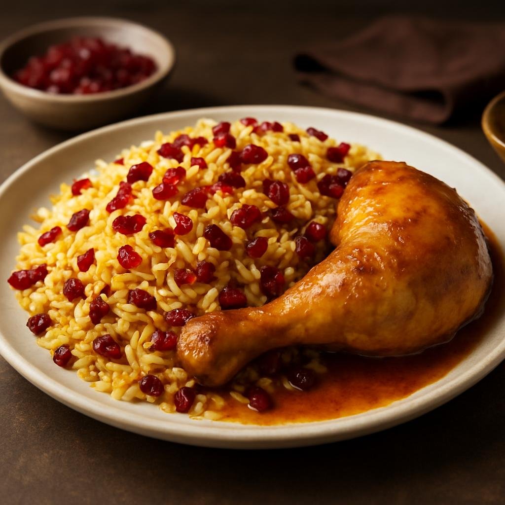 Entree: Iran – Azerbaijani Iran – زرشک پلو ➤ Zereshk Polo (Saffron-scented basmati rice studded with tart barberries and served with braised chicken) recipe