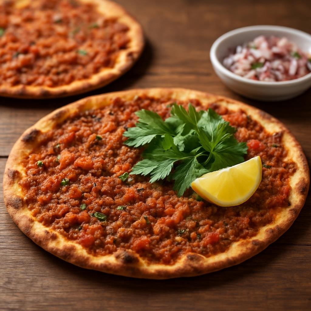 Entree: Turkey – Adana & Cukurova – Lahmacun (Thin round flatbread topped with spiced minced lamb and finely chopped vegetables) recipe