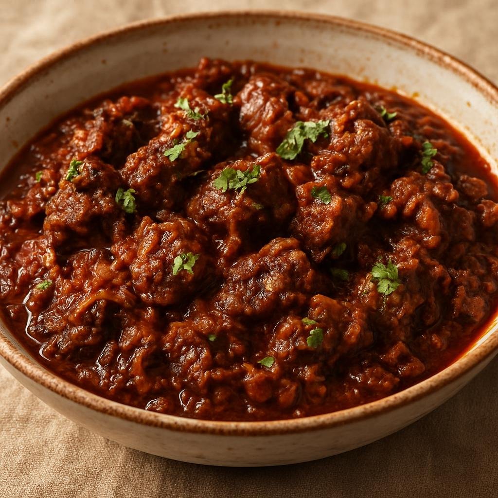 Entree: United Kingdom – British Indian Cuisine – Lamb Bhuna (Thick, richly spiced pan-reduced lamb curry with caramelized onions) recipe