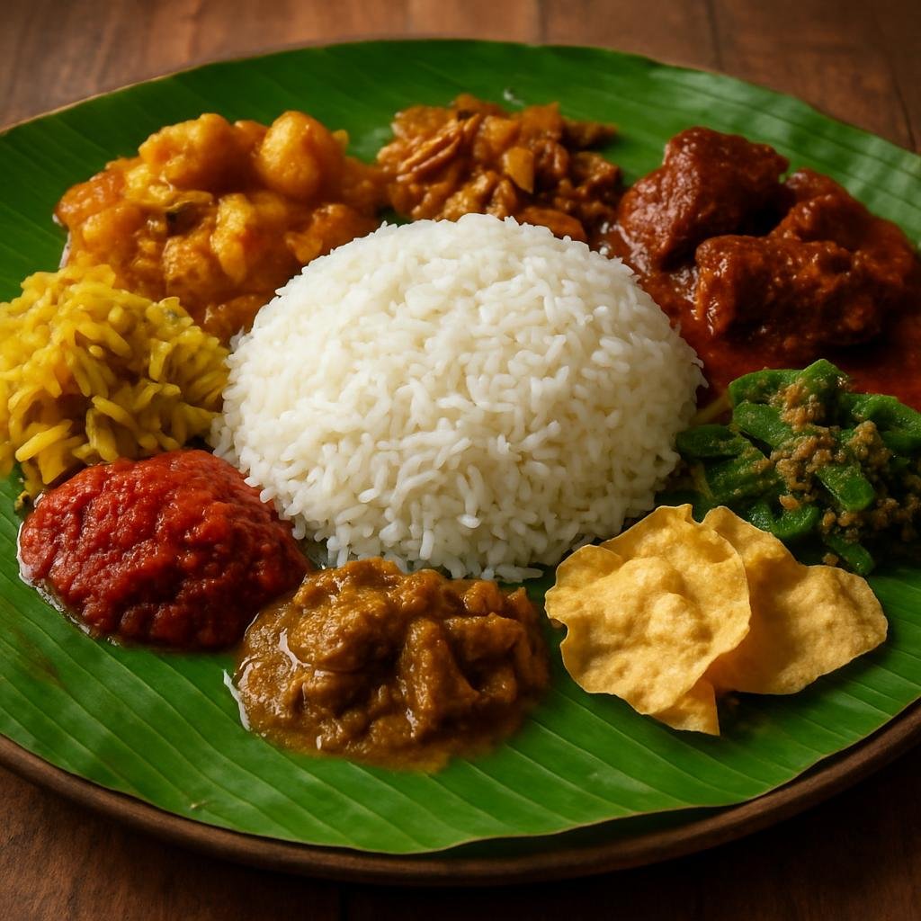 Entree: Malaysia – Kuala Lumpur – Banana Leaf Rice (A Malaysian meal of steamed rice served on a banana leaf with assorted curries, vegetables, pickles, and sambal) recipe