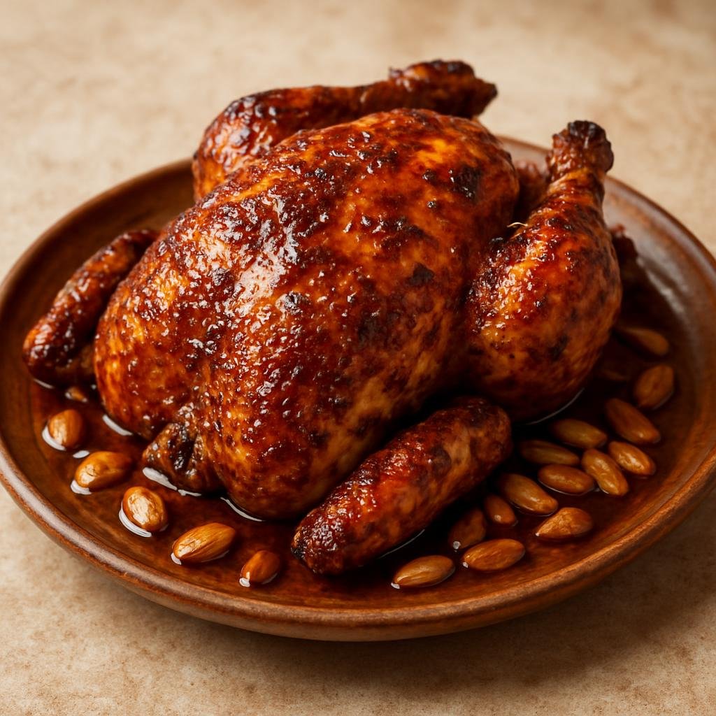 Entree: Morocco – Atlas Mountains – دجاج أملو ➤ Dajaj Amlou (Chicken braised and roasted with amlou, the Moroccan almond and argan oil paste, creating a nutty, honeyed spiced glaze) recipe