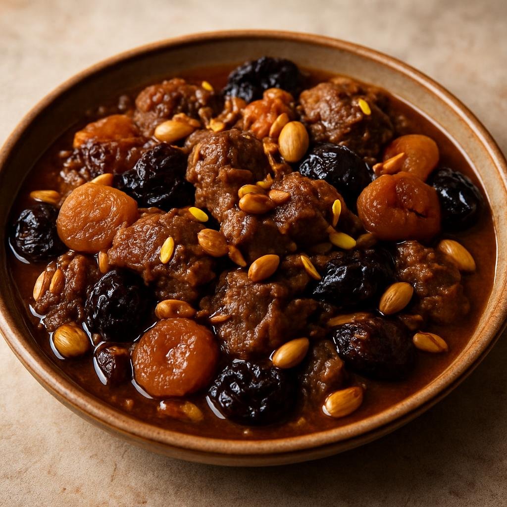 Entree: Algeria – Algiers & North Coast – لحم لحلو ➤ Lahm Lahlou (Slow-simmered sweet lamb with dried fruit, nuts, and fragrant orange blossom flavors) recipe