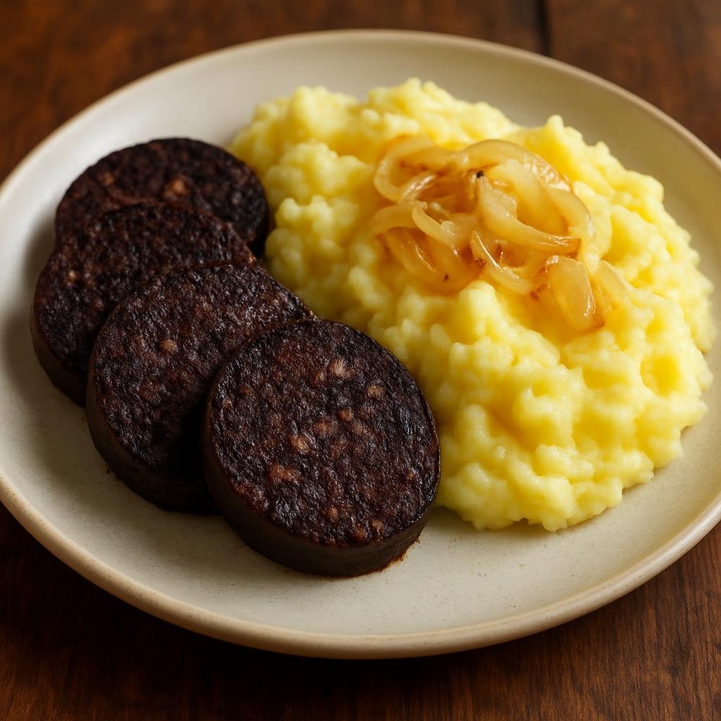 Entree: Ireland – Cork & Munster – Black Pudding with Potatoes (Sliced blood sausage pan-fried and served with buttered mashed or sautéed potatoes and onions) recipe