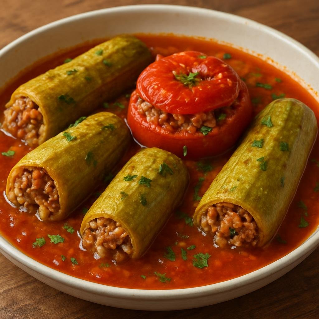 Entree: Syria – Aleppo – كوسا محشي ➤ Kousa Mahshi (Zucchini hollowed and stuffed with seasoned rice and ground meat, simmered in a tangy tomato broth) recipe