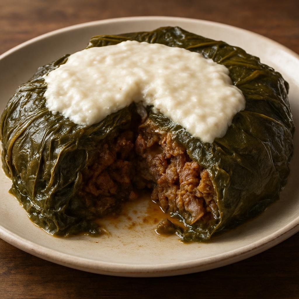 Entree: American Samoa – Central Culinary Region – Luau (Baked taro leaves layered with coconut cream and savory meat) recipe