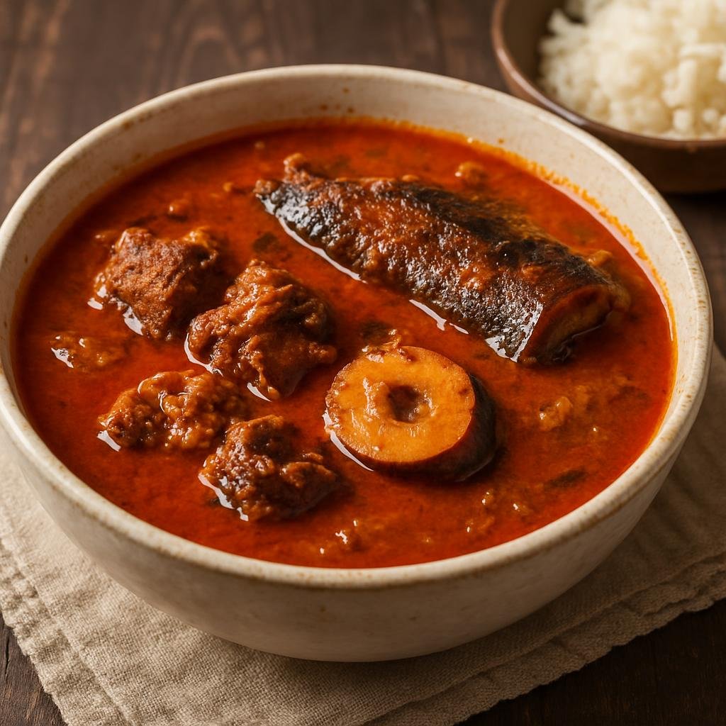 Entree: Central African Republic – Central Culinary Region – Banga Soup (Palm-nut based meat and smoked-fish soup) recipe