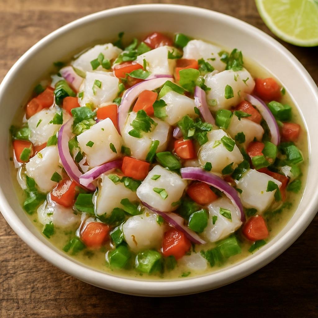 Entree: Costa Rica – Central Culinary Region – Ceviche Tico (Costa Rican-style citrus-marinated raw white fish with onions, cilantro, and fresh vegetables) recipe