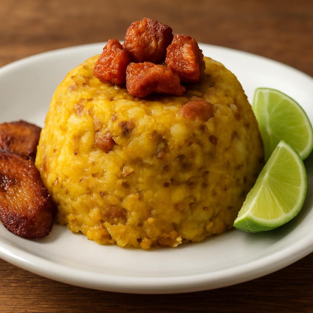 Entree: Dominican Republic – Central Culinary Region – Mofongo (Mashed fried green plantains flavored with garlic and pork cracklings, shaped into a mound) recipe