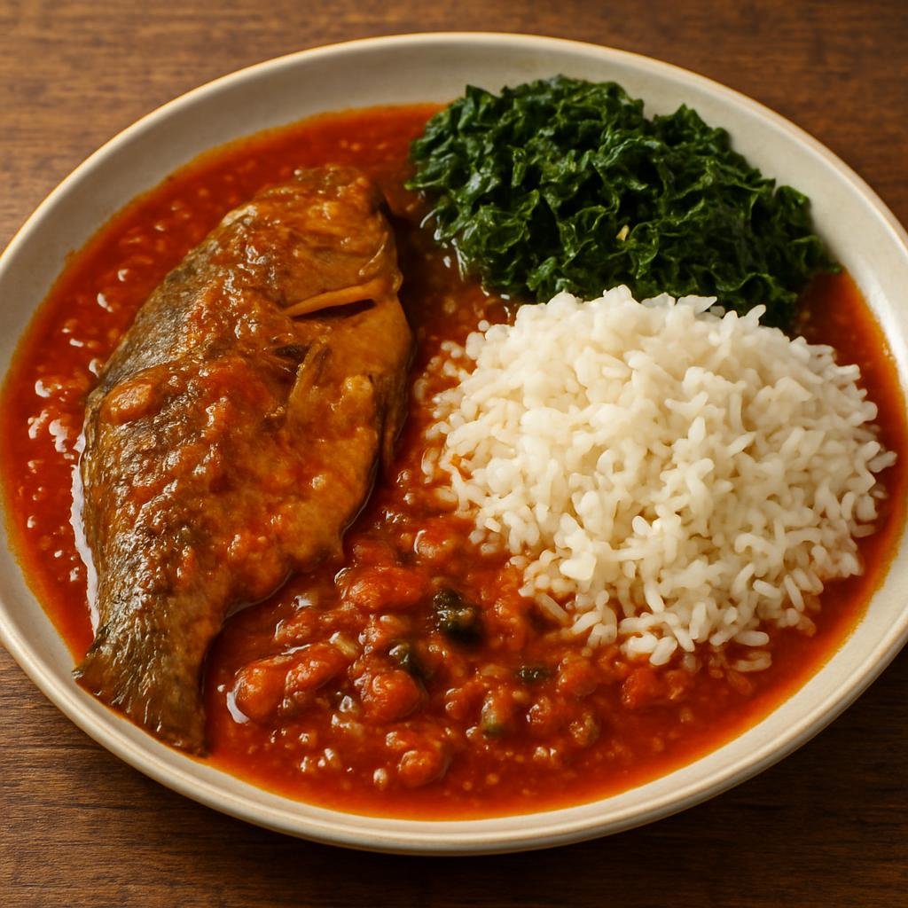 Entree: Senegal – Casamance – Caldou (Casamance fish stew simmered in tomato and palm-oil sauce, served with rice and local greens) recipe