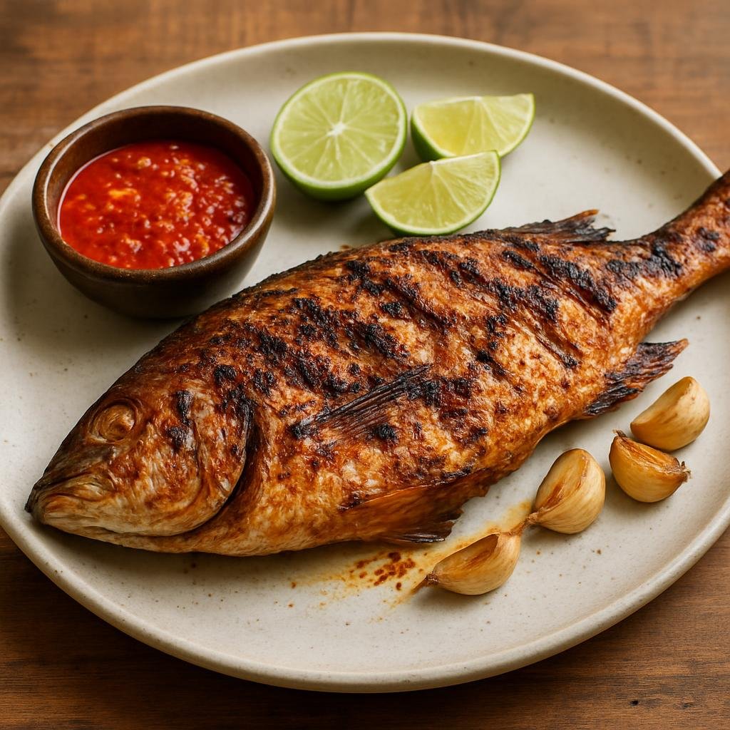 Entree: Guinea-Bissau – National Cuisine – Peixe Grelhado (Whole grilled fish marinated with garlic, lime and piri-piri for a smoky spicy main course) recipe