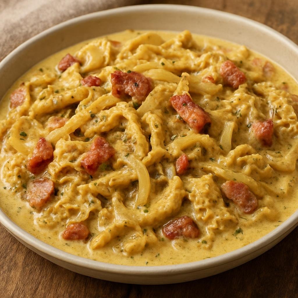 Entree: Luxembourg – National Cuisine – Kuddelfleck (Pan-prepared tripe slices cooked with bacon, onions, and a savory mustard cream) recipe