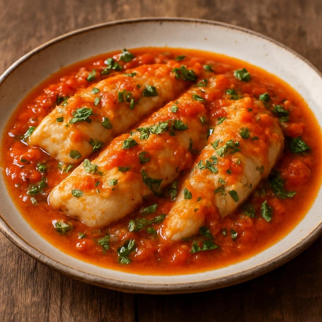 Entree: New Caledonia – National Cuisine – Roussette à la Sauce Tomate (Small dogfish fillets gently cooked and served in a savory tomato and herb sauce) recipe
