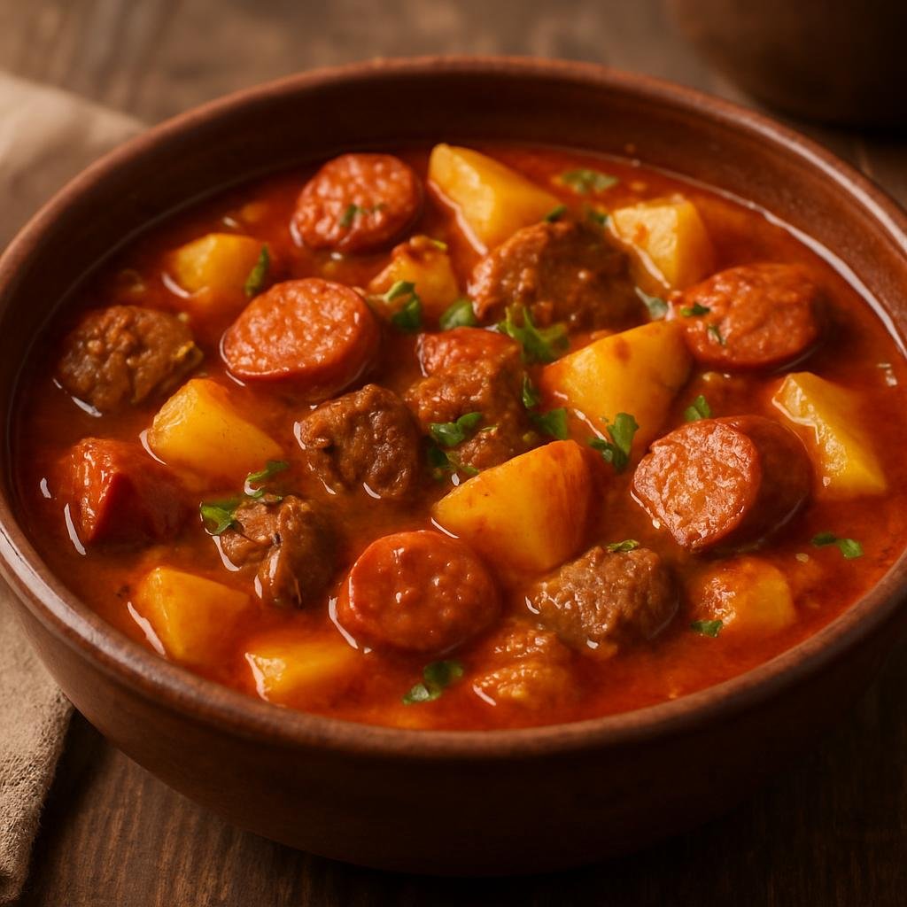 Entree: Slovenia – National Cuisine – Bograč (Hearty Slovenian paprika-scented meat and vegetable stew cooked with sausages and potatoes) recipe