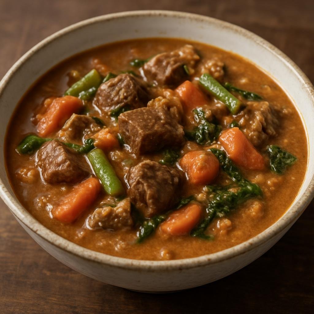 Entree: South Sudan – National Cuisine – Kawari (Traditional South Sudanese savory peanut-thickened beef and vegetable stew) recipe
