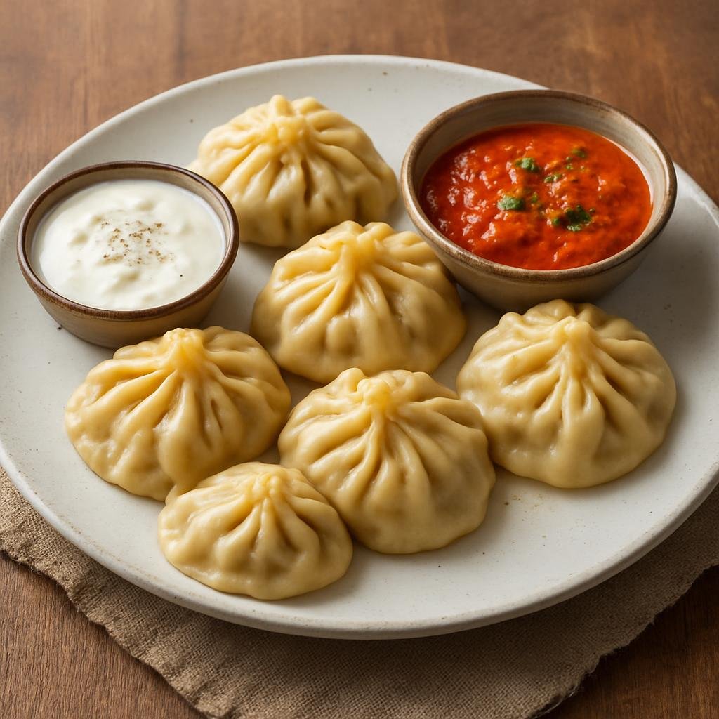 Entree: Tajikistan – National Cuisine – Манту ➤ Mantu (Steamed Central Asian meat dumplings served with tangy tomato sauce and garlicky yogurt) recipe